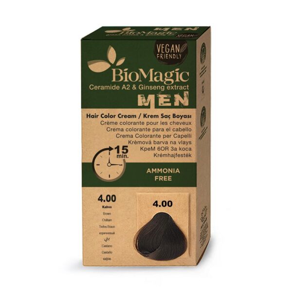 BioMagic Permanent Hair Color Cream For Men ammoniaagivaba juuksevärv meestele 4.00 Medium Brown 100ml